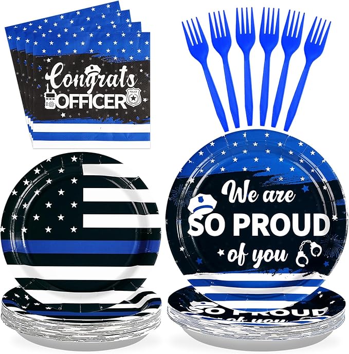 96Pcs Police Party Supplies We Are So Proud of You Police Theme Plates and Napkins Sets Congrats Officer Decorations for Cop Greeting Academy Graduation Retirement Promotion Party Serves 24