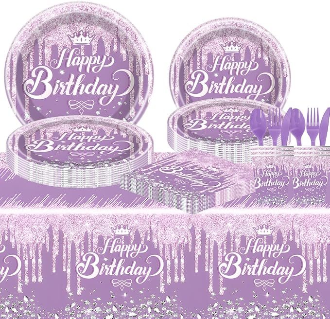 81Pcs Diamond Party Tableware Set Sparkling Diamonds Party Decoration for Girls and Women Birthday Party Supplies (Purple)