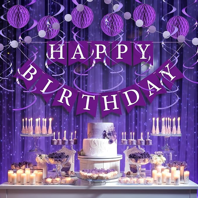 Purple Birthday Decorations Kit - 16-Piece Set with Pre-Strung Happy Birthday Banner, Honeycomb Balls, Garland & Swirls | Purple Theme Party Supplies for Women Girls Kids, Teens Adults