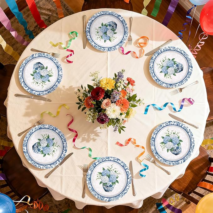 50Pcs Blue Hydrangea Paper Plates 9 Inch Disposable Blue White Chinoiserie Vintage Floral Dessert Plates Spring Tea Party Dinner Plate for Tea Wedding Baby Shower Birthday Bachelorette Decorations