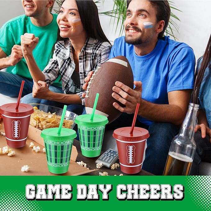 Sieral 30 Pcs Football Cups with Straws and Lids 16 oz Football Cups Brown Green Plastic Tumblers Reusable Iced Coffee Travel Mug for Sport Theme Party Supplies Decorations