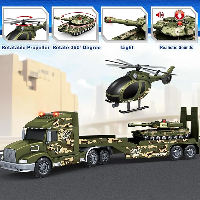 Toddler Boy Toys for 3 4 5 6 7 Years Kids, 27" Semi Army Truck Toy with Helicopters and Tank, Friction Powered Military Toys with Lights and Sounds, Birthday for Boy Girls