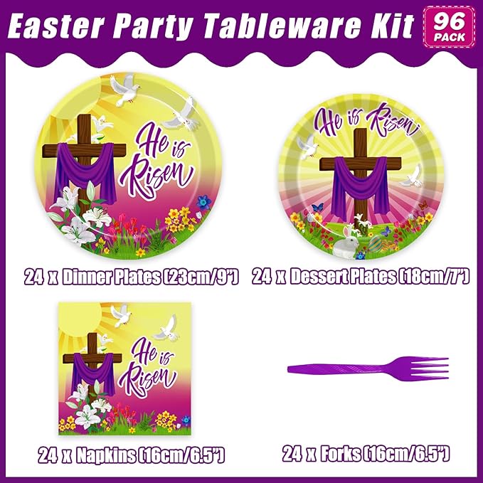 96 Pcs Easter He is Risen Paper Plates Napkins, Easter Religious Inspiring Party Decorations Supplies Disposable Dinnerware Tableware Set, Serves 24