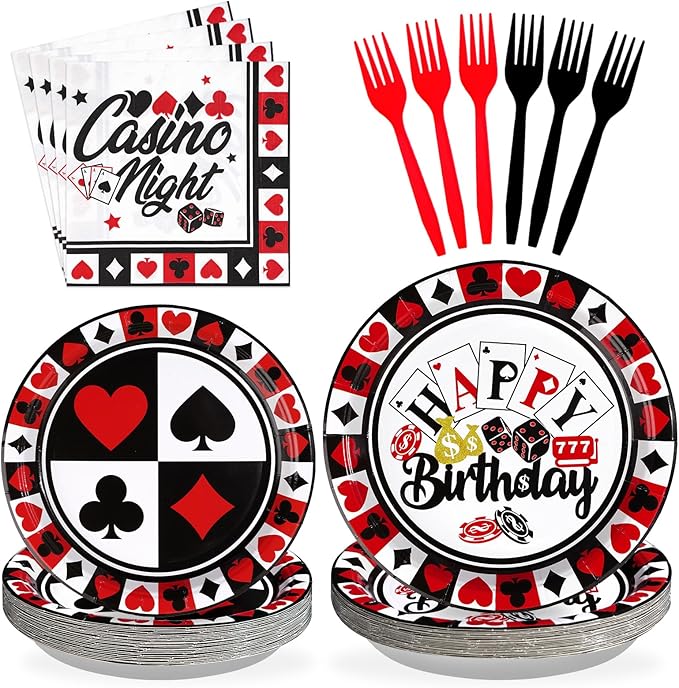 Grencian 96Pcs Casino Party Decorations Poker Plates and Napkins Disposable Red Black Casino Birthday Paper Tableware Set for Las Vegas Night Poker Club Birthday Party Supplies, Serves 24