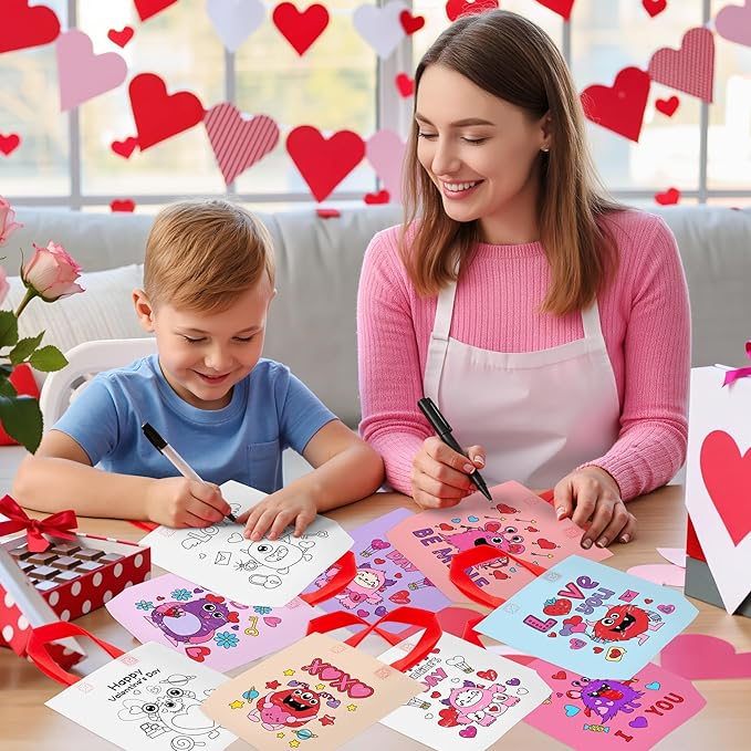 Valentine's Day Coloring Goodie Bag for Kids - 24Pcs Cute Monster Bulk Color Your Own Gift Bag with Handle Happy Valentine's Day Reusable Coloring Non Woven Tote Bag for DIY Painting Craft Party Favor