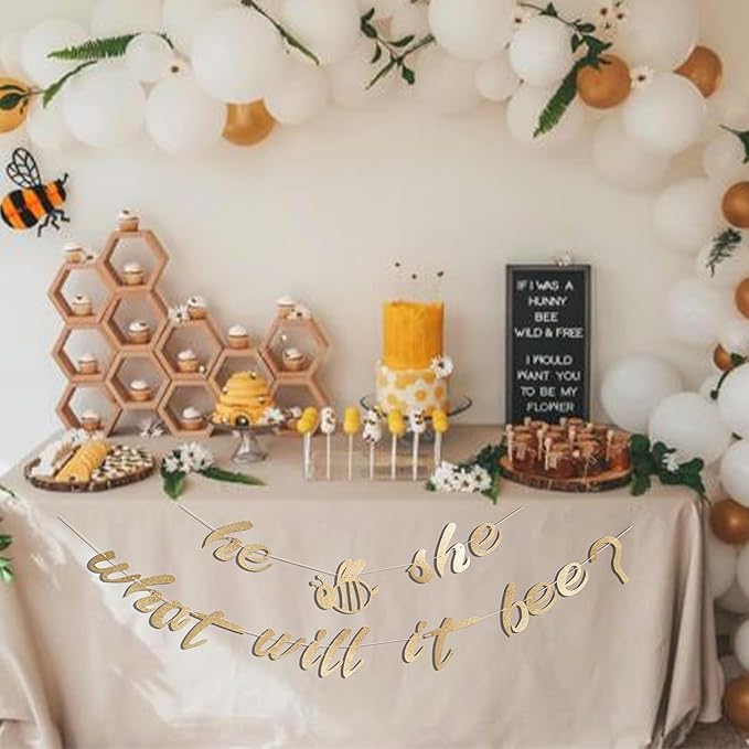 He Or She What Will Baby Bee Banner - Bumble Bee Themed Baby Shower Decorations,Honey Gold Glitter Gender Neutral Garland Party Supplies