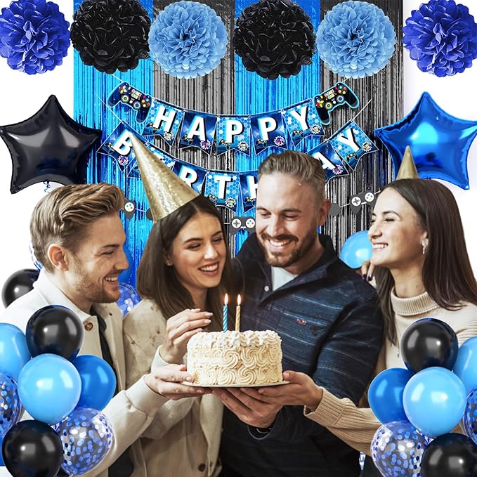Video Game Birthday Decorations,Gaming Party Supplies,Include Blue Black Party Foil Balloons Happy Birthday Banner Fringe Curtain Tissue Paper Pompoms Garland