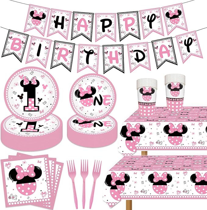 118 Pcs Pink 1st Birthday Party Supplies Girls One Paper Plates Napkins Cups Forks Tablecloth Banner for Girl's 1st Birthday Baby Shower Party Decorations, Serve 20