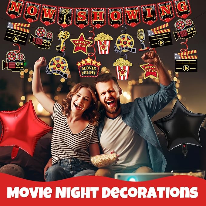 Movie Night Decorations Kit Now Showing Banner Hanging Swirls Popcorn Camera Clapboard Balloons for Movie Themed Birthday Party Supplies Film Backdrop