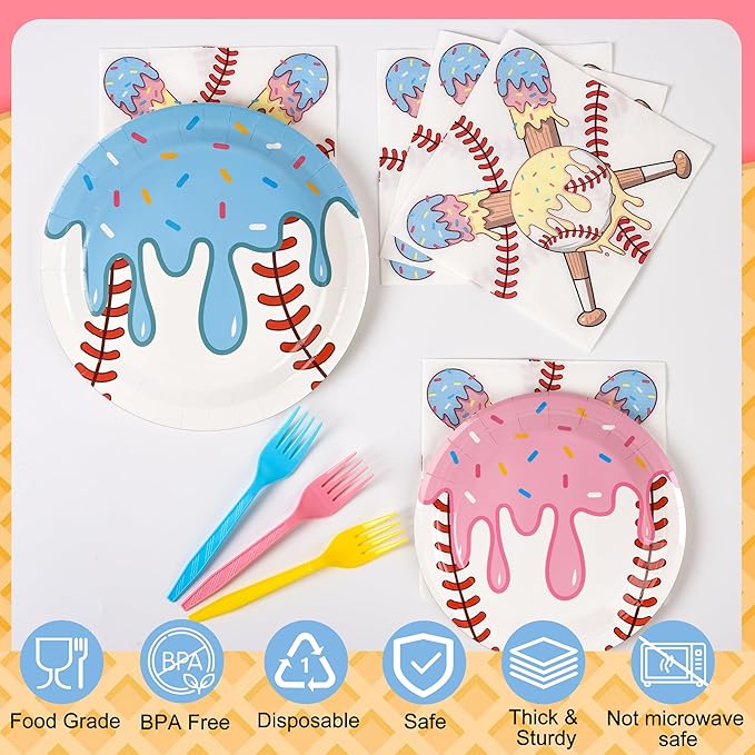 96 Pcs Baseball Ice Cream Drip Party Supplies Disposable Tableware Set Include Baseball Paper Plates and Napkins Plastic Forks for Sports Theme Birthday Decorations, Serve 24 Guests