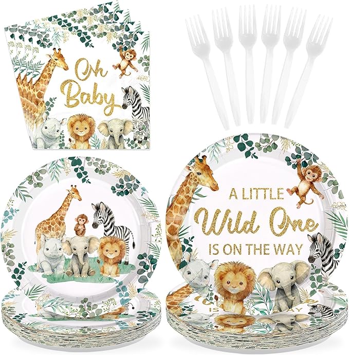 96 Pcs Jungle Safari Baby Shower Decorations Disposable A Little Wild One is on The Way Paper Plates and Napkins Jungle Safari Animals Tableware Set for Welcome Baby Shower Birthday Party Supplies
