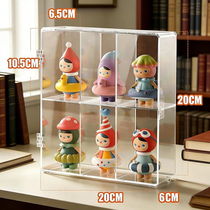 6 Compartment Acrylic Display Case for Collectibles -Stackable Display Box with Lid, Clear Plastic Storage Bins for Action Figures, Dolls, Toys, Miniatures, Hobby Figures