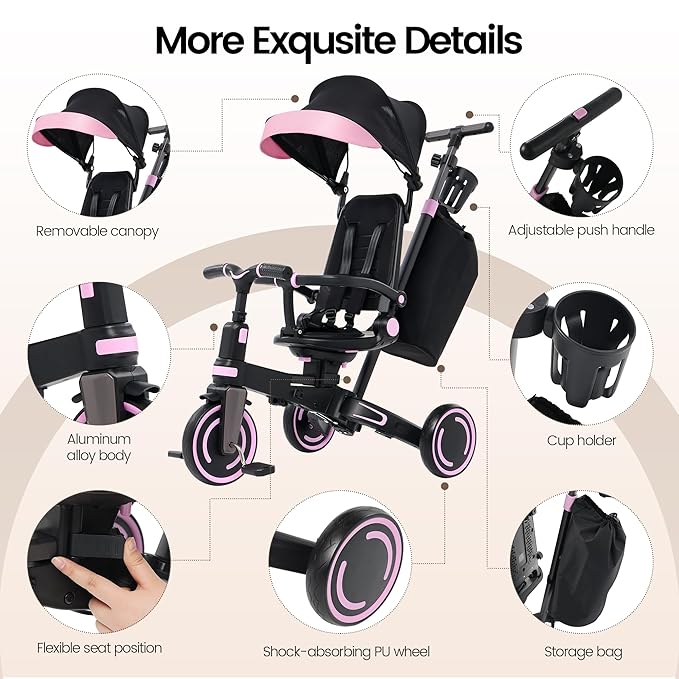 Aneco 9-in-1 Multi-functional Baby Tricycle for Toddlers 10 Months-3 Years with Removable Canopy Rotatable Seat Safety Harness Wheel Brake Adjustable Push Handle Storage Bag Cup Holder, Black and Pink