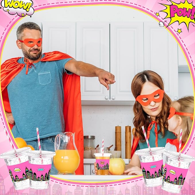 Yungyan 50 Sets Pink Hero Theme Party Plastic Cups with Lids and Straws 16 oz Coffee Juice Drinking Cups for Birthday Baby Shower Party Supplies