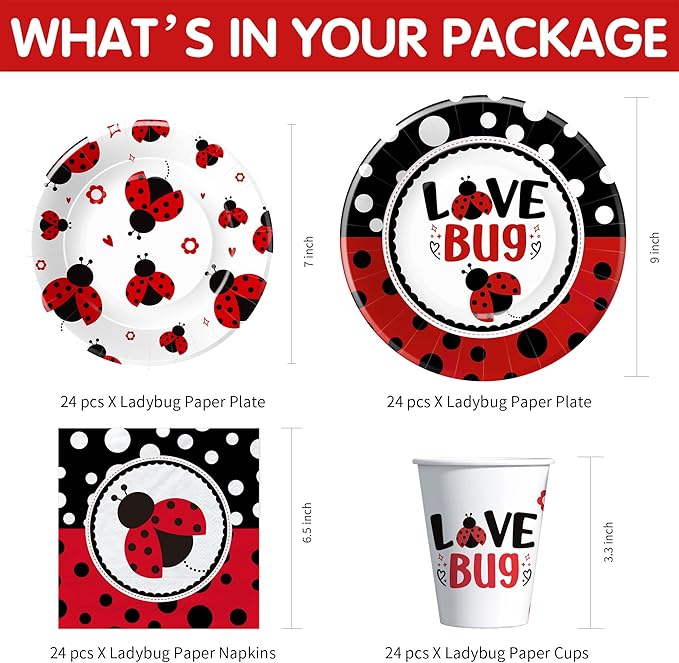Xigejob Ladybug Birthday Party Decorations Tableware, Ladybug Party Supplies Girl for Birthday Baby Shower, Paper Plate, Cup, Napkin, Tablecloth, Disposable Cutlery, Straw, Serves 24