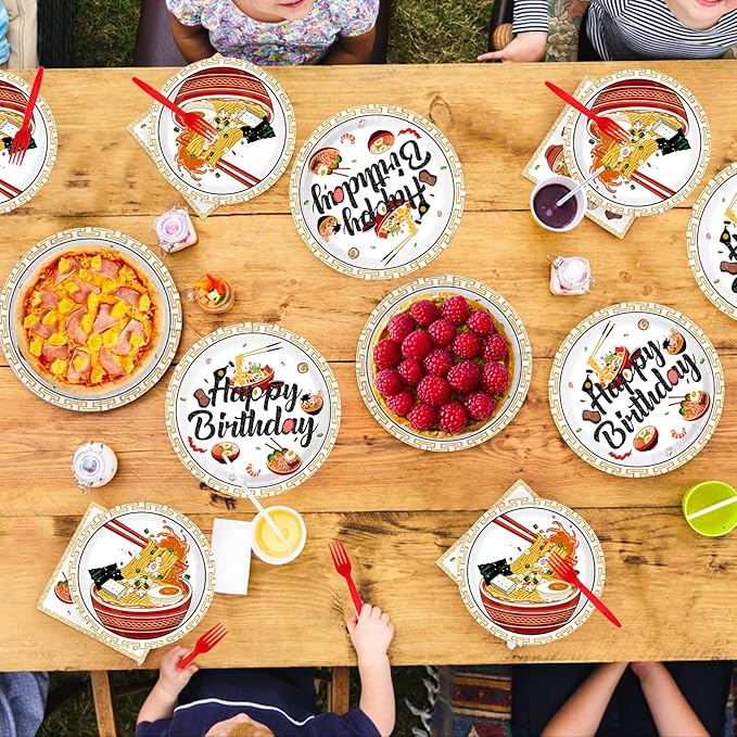 96Pcs Ramen Noodles Birthday Decorations Ramen Party Plates and Napkins Japanese Food Noodle Theme Tableware Set for Boys Girls Men Women Happy Birthday Party Supplies Serves 24