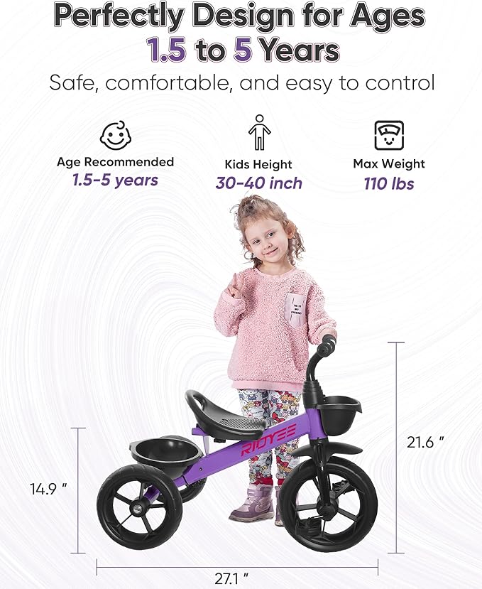 Toddler Tricycle for 1.5 to 5 Years, Tricycle for Ages 2-4 Years, Extra-Wide Rear Wheelbase for Stability, Trikes for Kids 1-3 with Dual Storage Baskets, Easy to Carry Seat, Purple