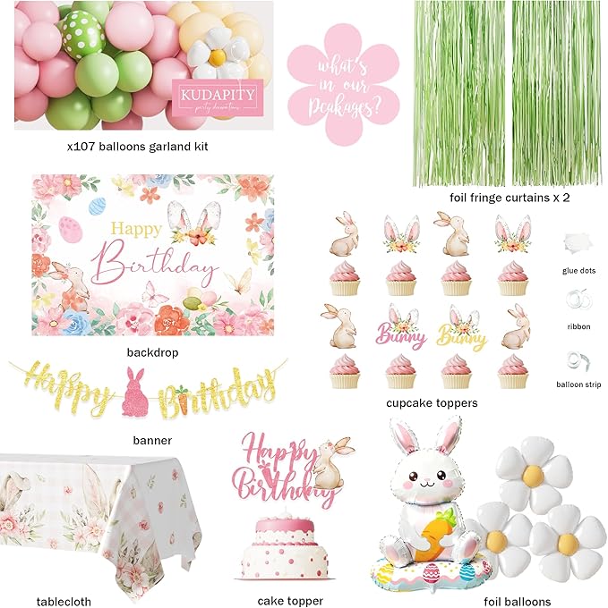 Easter Bunny Birthday Party Decorations, Spring Bunny Birthday Party Decorations for Girls, Easter-Themed Party Supplies Kit, Floral Backdrop Balloon Garland Banner Backdrop Tablecloth for Birthday