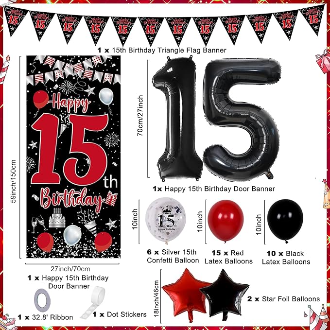 Red Black 15th Birthday Decorations for Boys Girls, Happy 15th Birthday Decorations Boy, 15 Birthday Party Door Banner Decor, Triangle Flag, Large 15 Balloons Bday Decor for 15 Year Old Teenagers