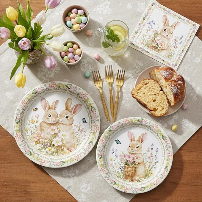 100 Pcs Easter Bunny Tableware Party Supplies, Serves 25, Disposable Vintage Floral Bunny Paper Plates, Napkins, and Gold Forks, Spring Dinner, Birthday, Easter Day Brunch Party Decorations