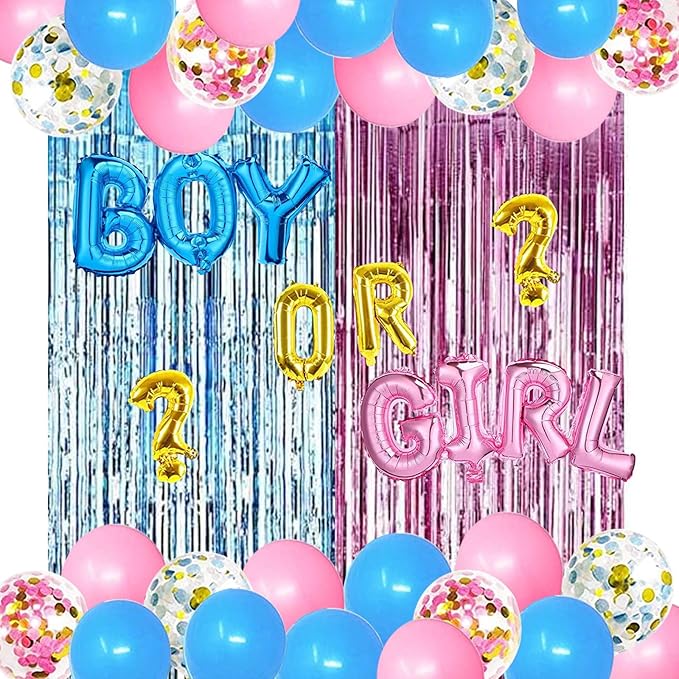 Gender Reveal Party Supplies Kit, Pink and Blue Balloons , Boy or Girl Foil Balloons, Tinsel Curtain, Gender Reveal Party Baby Photo Backdrop for Baby Shower Decorations