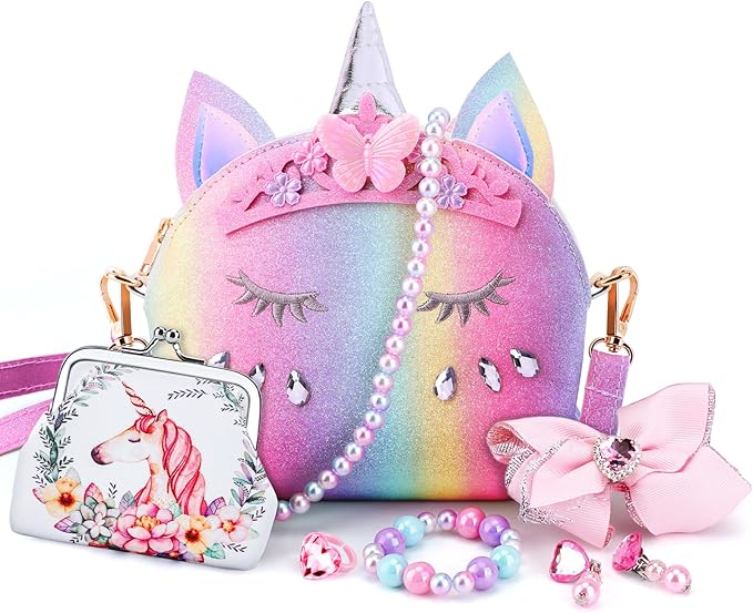 JYPS 7PCS Toddler Purse for Girl, Girls Wallet with Pretend Play Toys, Princess Toys with Kids Dress Up Jewelry Set (Rainbow Crown Unicorn)