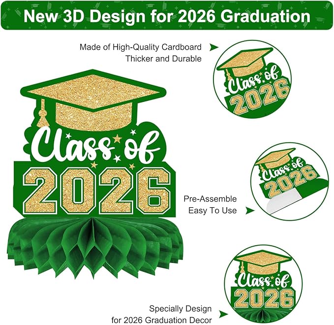 8 Pieces Class of 2026 Graduation Table Decorations - 2026 Congrats Grad Honeycomb Centerpieces, Green and Gold Table Toppers Decor for 2026 Graduation Party Decorations Favor Supplies