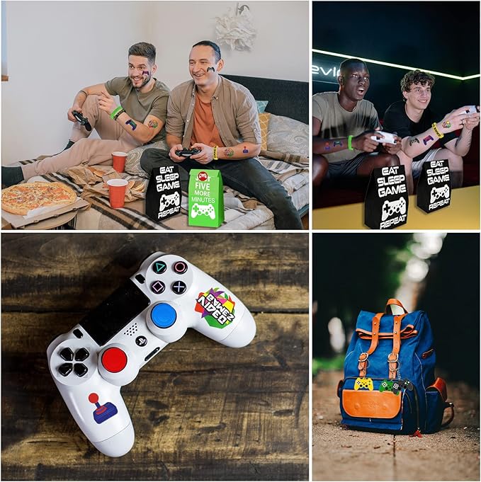 Bluegogo 146 Pcs Video Game Party Favors: VIP Passes Keychains Tattoo Stickers Shoe Charms Button Caps Bags for Gaming Party Favors