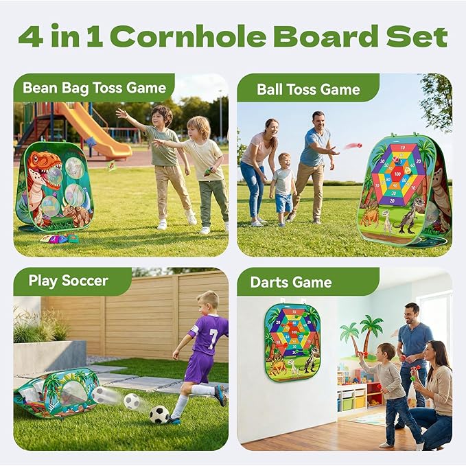 4-in-1 Dinosaur Bean Bag Toss Game for Kids, Cornhole Board Set with Dart Board for Toddler Outdoor Toys, Family Party Game Backyard Beach Lawn Activities Gift for Boys & Girls Ages 3 4 5 6 7 8