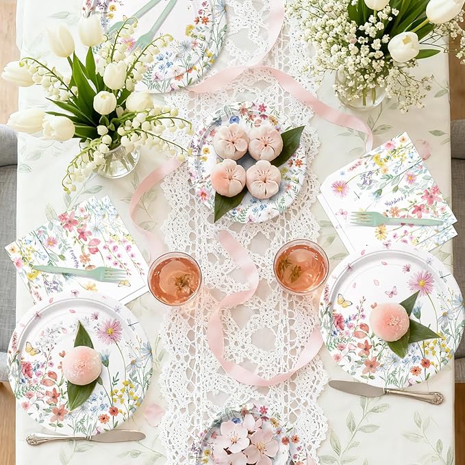 96 Pieces Spring Wildflower Floral Tableware Set – Garden Flower Disposable Plates, Napkins for Spring Birthday, Bridal Shower, Tea Party, and Mother’s Day Celebrations – Serves 24 Guests