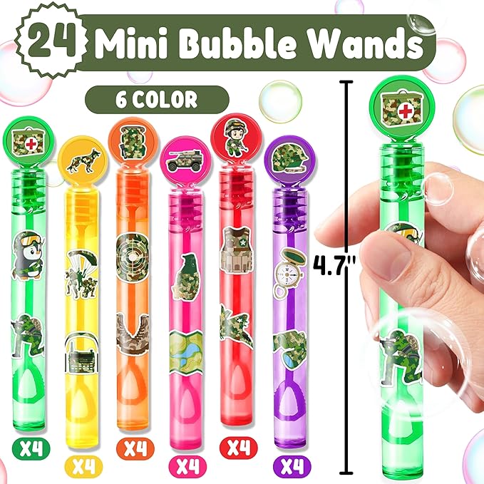 Military Party Favors for Kids - 24PCS Army Bubble Wands Camouflage Theme Birthday Party Supplies Goodie Bag Fillers Classroom Rewards