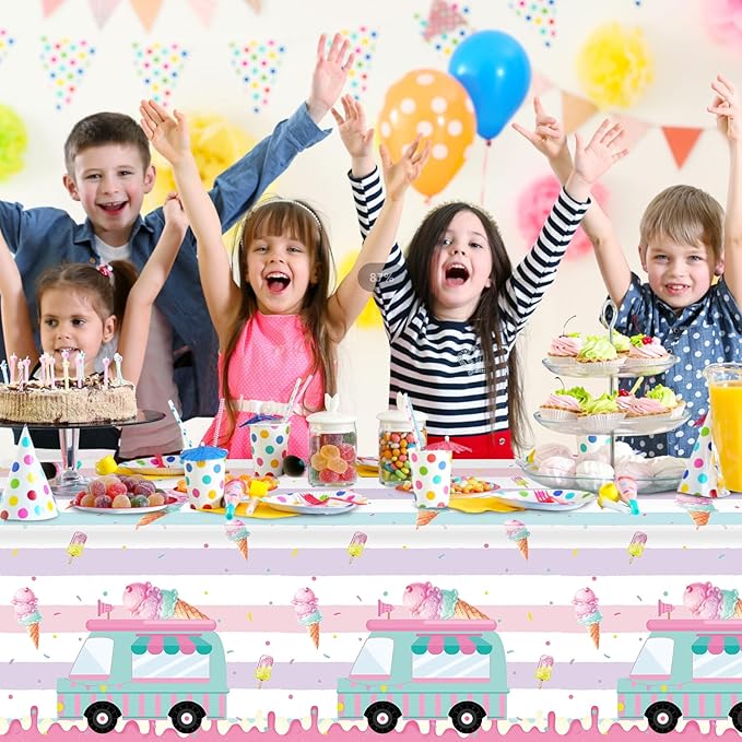 3 Pack Ice Cream Truck Tablecloth Party Decorations, Ice Cream Birthday Plastic Table Cloth Party Supplies, Disposable Rectangle Table Cover for Kids Sweet One Birthday Baby Shower, 54 x 108 Inch