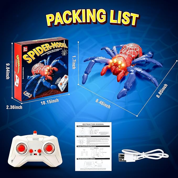 Wall Climbing Spider Remote Control Toy, Rechargeable RC Creepy Crawler with Glowing Eyes for Walls & Ceilings, Prank Halloween Birthday Gift for Kids Boys Girls Ages 3+ (Red)