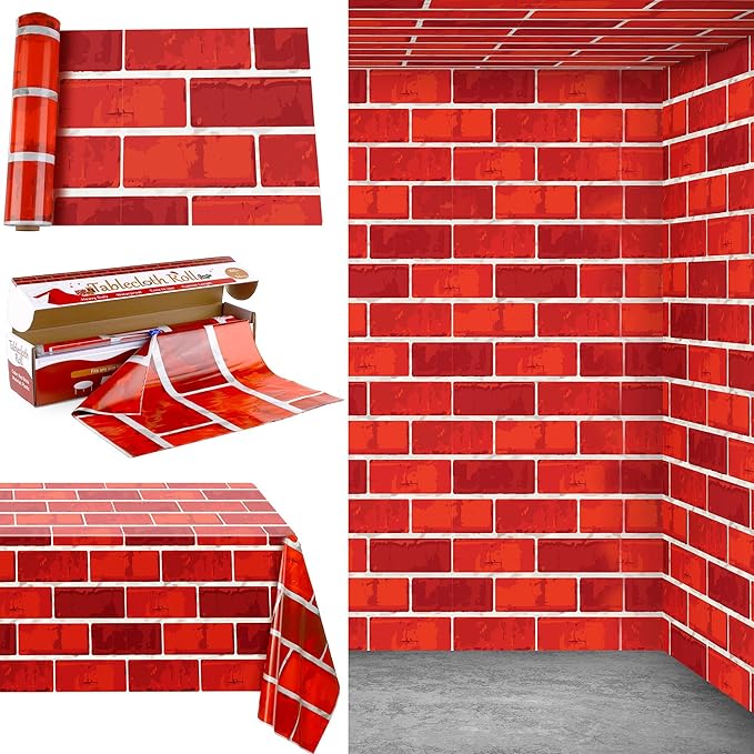 Kochorie 100 Ft x 54 Inch Red Brick Wall Backdrop Tablecloth Roll with Cutter Box Disposable Brick Wrapping Table Cover Bulletin Board for Christmas Halloween Birthday Party, Red