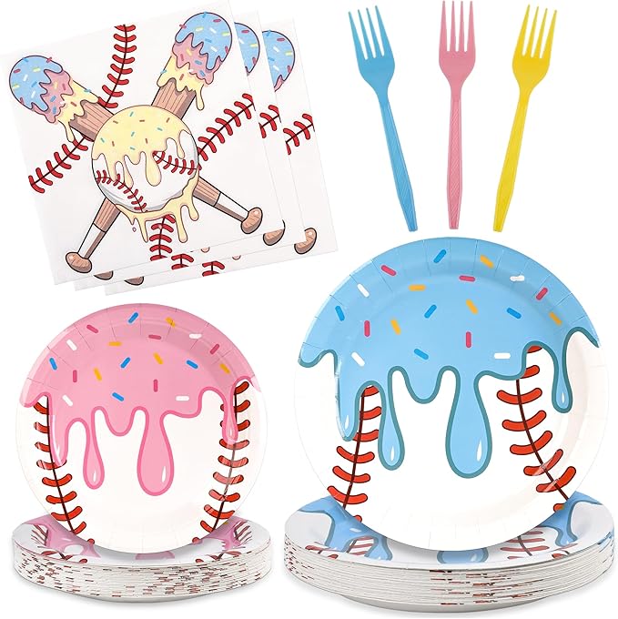96 Pcs Baseball Ice Cream Drip Party Supplies Disposable Tableware Set Include Baseball Paper Plates and Napkins Plastic Forks for Sports Theme Birthday Decorations, Serve 24 Guests