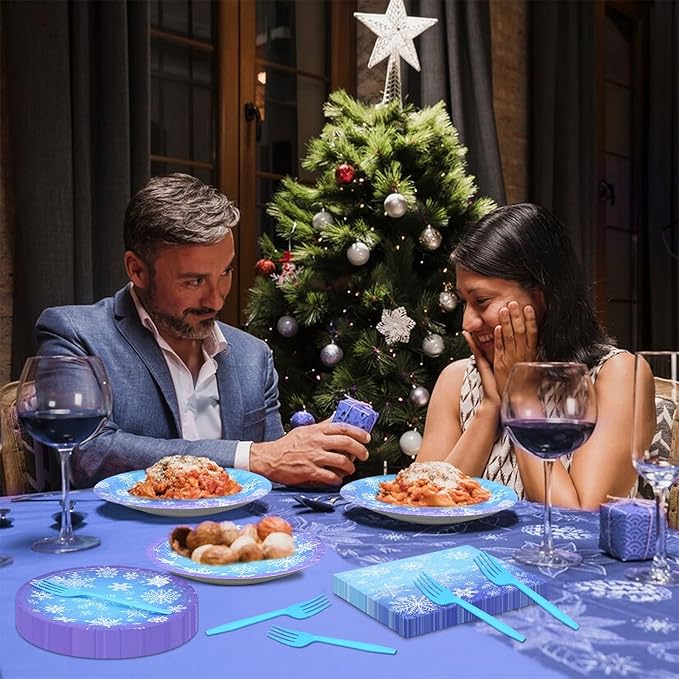 96 Pieces Snowflake Winter Party Supplies Set - Blue White Snowflake Design Disposable Tableware with Paper Plates, Napkins, Forks for Christmas, Winter Wonderland, Frozen-Themed Birthday Decorations