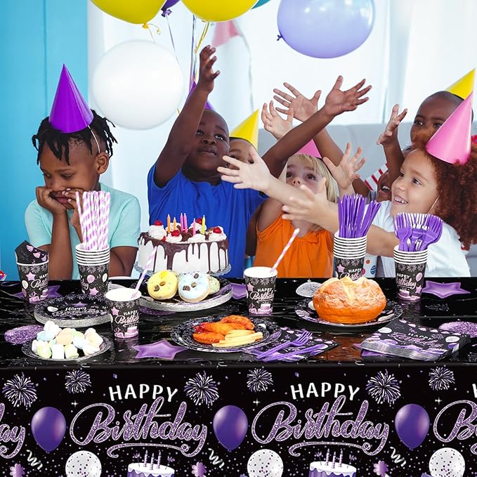 Norme 176 Pcs Purple and Black Birthday Tableware Set Birthday Decoration Includes Tablecloth Paper Plates Napkins Paper Cups Forks Knifes and Straws for 25 Guests Party Supplies (Modern)