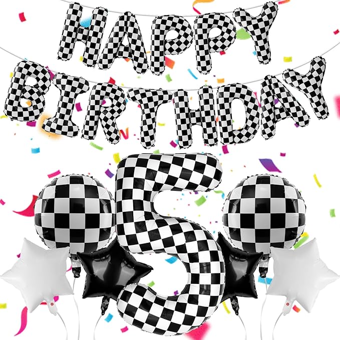 Racing Cars Themed Happy Birthday Banner Party Decorations Set Including 40 Inch Number 5 Foil Balloons, Themed Party Essentials, Checkered Backdrop Supplies for Boys Indoor Outdoor Celebration