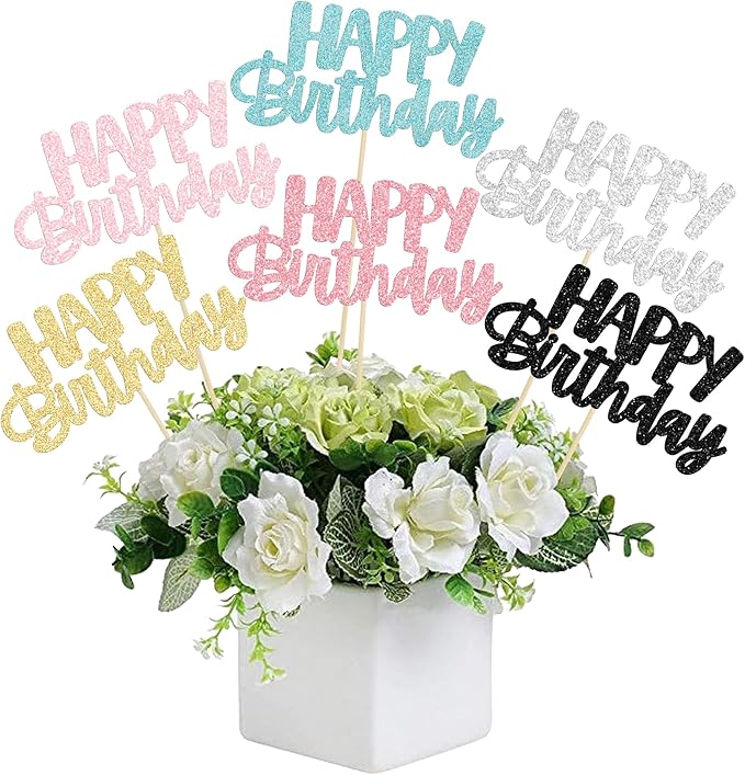 Gyufise 12Pcs Happy Birthday Centerpieces Sticks Double Sided Glitter Birthday Party Decorations Anniversary Table Flower Centerpiece for Celebrating Party Supplies Multicolor