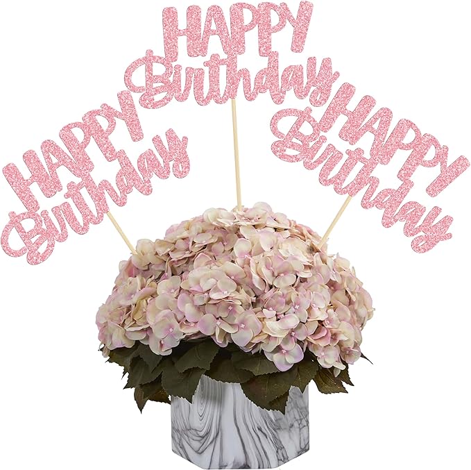 Gyufise 12Pcs Happy Birthday Centerpieces Sticks Double Sided Glitter Birthday Party Decorations Anniversary Table Flower Centerpiece for Celebrating Party Supplies Pink