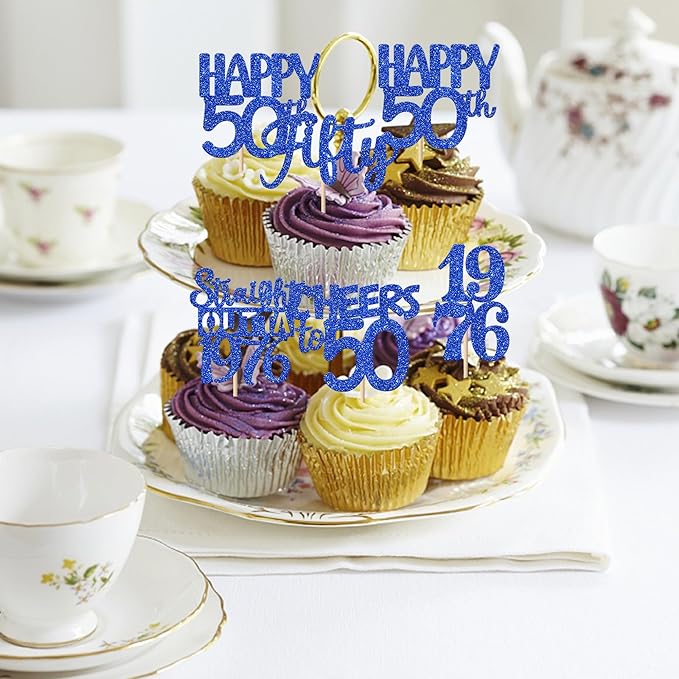 30 PCS 50th Birthday Cupcake Toppers Glitter Fifty Happy 50 Straight Outta 1976 Cupcake Picks for Cheers to 50 Fabulous 50th Birthday Anniversary Party Cake Decorations Supplier Blue