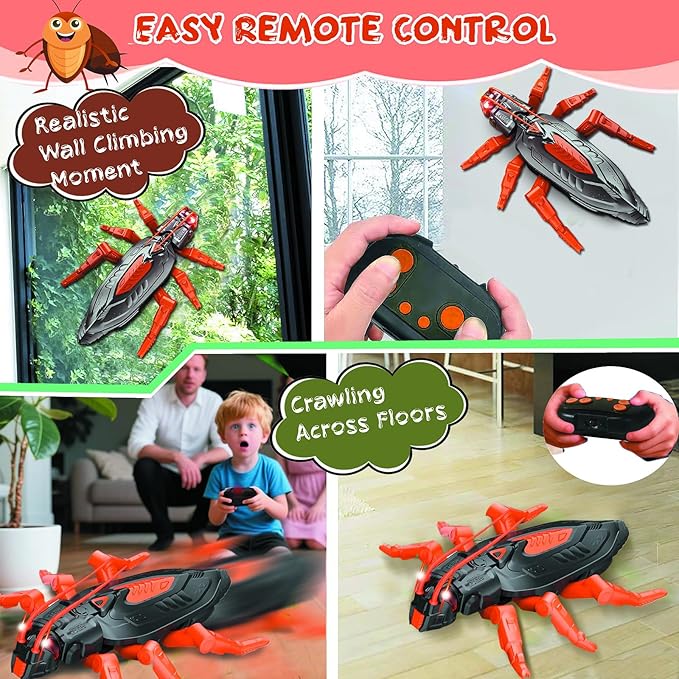 Wall Crawler Cockroach RC Toy, Creepy Crawly Remote Control Robot for Kids, Climbs Walls, STEM Toys Halloween Birthday Gift for Boys Girls Ages 6-12 with LED Eyes