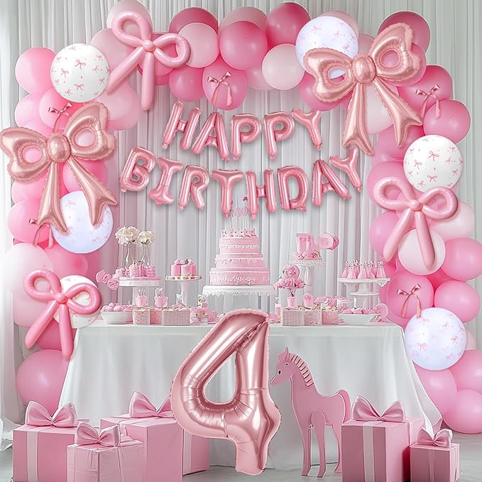 Bow Number 4 Birthday Balloons, 40" Pink Aluminum Foil Balloons Happy Birthday Balloon for Girl 4th Birthday Party, Princess, Coquette Party Decorations Supplies