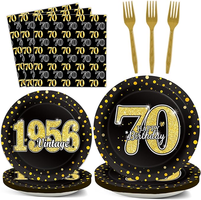 96PCS 70th Theme Birthday Party Tableware Vintage 1956 Party Supplies 70 Year Old Birthday Decorations Plates Napkins Forks Black and Gold Dinnerware Favors for Men or Women