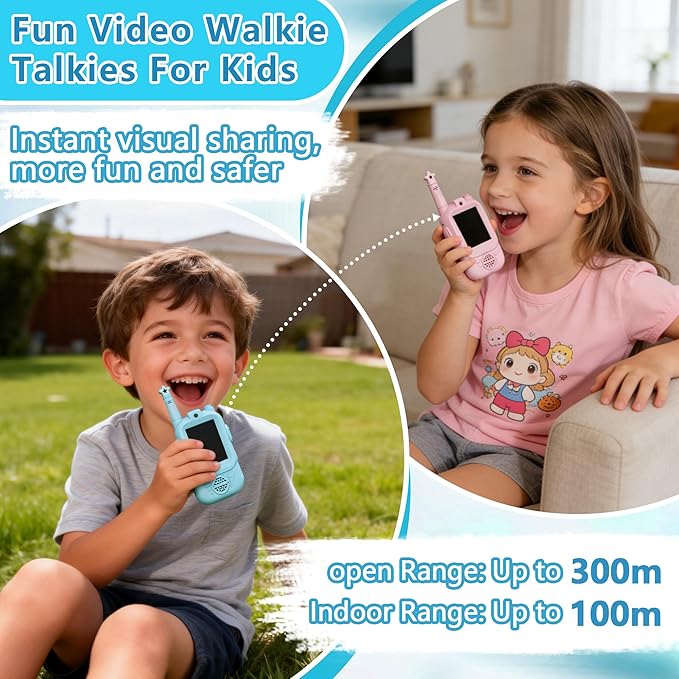 Video Walkie Talkie for Kids 2 Pack 3-12 Year Old Boys Girls Walkie Talkies Long Range 2 Way Radio Fun Toy with USB Rechargeable and Screen for Camping Hiking Outdoor Indoor Games Gift Pink Blue