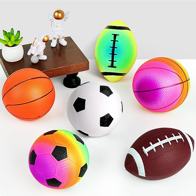 Small Sports Balls for Toddler Pack of 6, Easter Gifts for Kids, 2 Each of 5" Football, Basketball, Soccer for Playground, Toy Balls Inflatable Multi-Sport Ball Set with 1 Pump