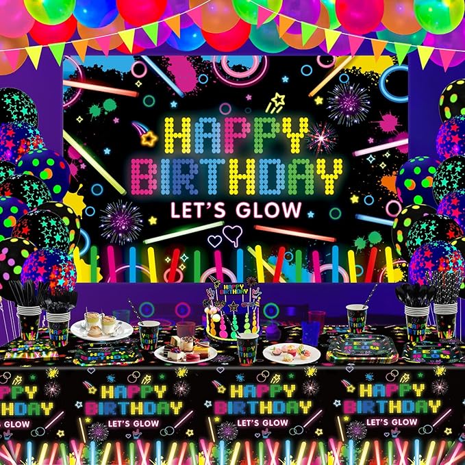 218 Pack Glow Neon Party Supplies Neon Glow Plate Set Neon Balloon Glow in the Dark Happy Birthday Backdrop Glow Birthday Blacklight Party Decoration Neon Glow Banner Set Serves 20