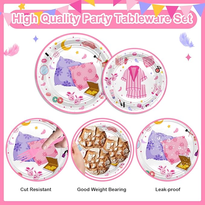 Avezano 192 Pcs Sleepover Party Supplies for Girls Plates Napkins Set Pajama Party Decorations Sleep Over Theme Slumber Decor Disposable Dinnerware for 24 Guests