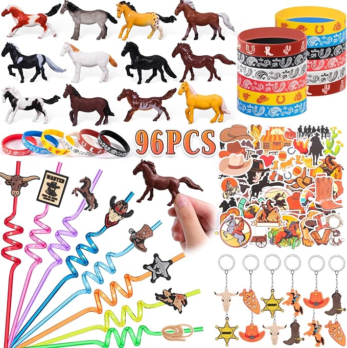 Western Cowboy Party Favors Rodeo Birthday Supplies for Kids Miniature Horse Toys Straw Silicone Bracelet Keychain Sticker Filler Goodie Bag Stuffers, Cowboy Western Party Favors Supplies