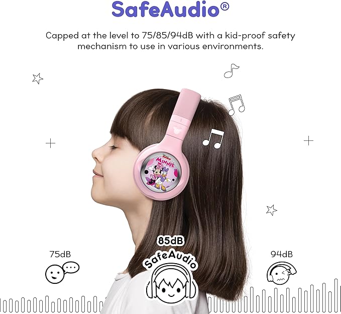 Disney Kids Bluetooth Foldable Headphones: Use Wired or Wireless for Travel, Education, and Screen-Free Entertainment | Includes Minnie Mouse StoryShield, Pink